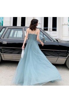 Bling Beaded Blue Tulle Prom Dress Blue With Straps - AM79118