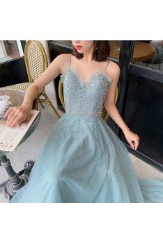 Bling Beaded Blue Tulle Prom Dress Blue With Straps - AM79118