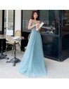 Bling Beaded Blue Tulle Prom Dress Blue With Straps - AM79118