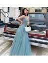 Bling Beaded Blue Tulle Prom Dress Blue With Straps - AM79118