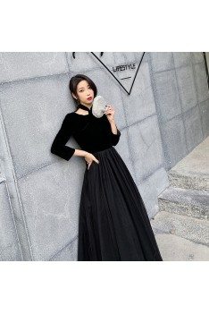Retro Simple Long Black Tulle With Velvet Party Dress Long Sleeves - AM79008