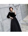 Retro Simple Long Black Tulle With Velvet Party Dress Long Sleeves - AM79008
