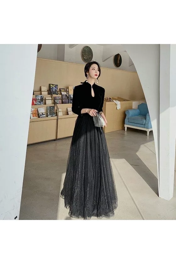 Simple Long Black Tulle With Velvet Formal Dress With Long Sleeves - AM79006