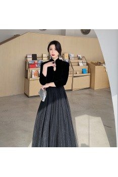 Simple Long Black Tulle With Velvet Formal Dress With Long Sleeves - AM79006