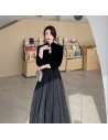 Simple Long Black Tulle With Velvet Formal Dress With Long Sleeves - AM79006