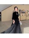 Simple Long Black Tulle With Velvet Formal Dress With Long Sleeves - AM79006