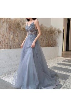 Grey Tulle Sheer Top Vneck Flowy Prom Dress With Spaghetti Straps - AM79128