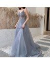 Grey Tulle Sheer Top Vneck Flowy Prom Dress With Spaghetti Straps - AM79128