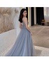 Grey Tulle Sheer Top Vneck Flowy Prom Dress With Spaghetti Straps - AM79128