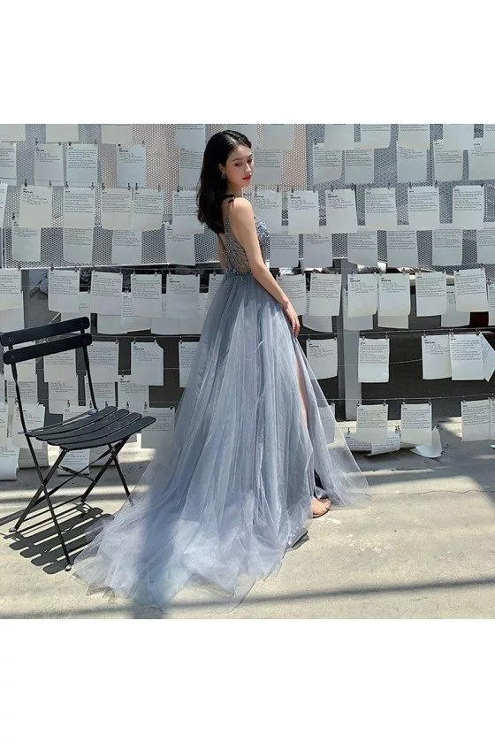 sachin and babi light blue dress V Neck Grey Tulle Short Prom Dresses With Beaded, Gray Short Formal Ho –  morievent main image 0