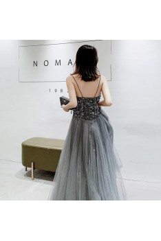 Stunning Dusty Grey Flowy Long Tulle Prom Dress With Sequined Straps - AM79138