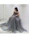 Stunning Dusty Grey Flowy Long Tulle Prom Dress With Sequined Straps - AM79138