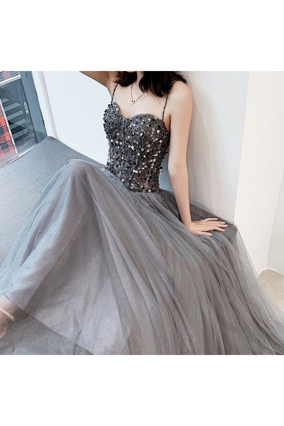 Stunning Dusty Grey Flowy Long Tulle Prom Dress With Sequined