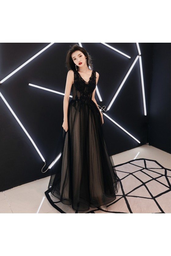 Formal Black Tulle Vneck Party Prom Dress Floor Length - AM79140