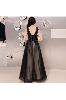 Formal Black Tulle Vneck Party Prom Dress Floor Length - AM79140