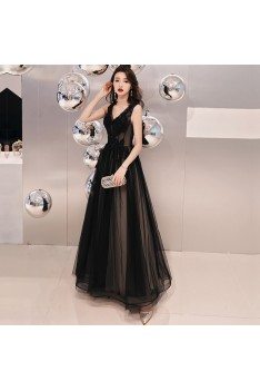 Formal Black Tulle Vneck Party Prom Dress Floor Length - AM79140