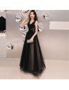 Formal Black Tulle Vneck Party Prom Dress Floor Length - AM79140