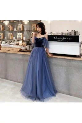 Simple Blue Velvet With Tulle Long Cheap Prom Dress With Straps - AM79139