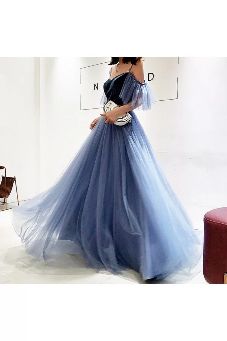 Dusty Blue Tulle Pleated Simple Prom Dress With Cap Sleeves