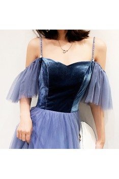 Simple Blue Velvet With Tulle Long Cheap Prom Dress With Straps - AM79139