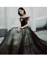 Long Black Tulle Off Shoulder Prom Dress With Sparkly Sequins - AM79110