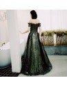 Long Black Tulle Off Shoulder Prom Dress With Sparkly Sequins - AM79110