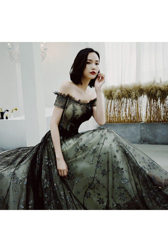 Sparkly Tulle Sequins A Line Ball Gown Off The Shoulder Black Prom Evening Dress Y8034 main image 1