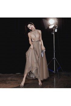 Khaki Aline Tulle Beaded Illusion Vneck Halter Prom Dress - AM79069