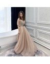 Brown Tulle Chic Cheap Formal Dress With Belt Sleeves - AM79001