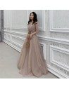 Brown Tulle Chic Cheap Formal Dress With Belt Sleeves - AM79001