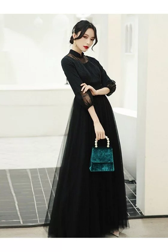 Asian Retro Long Black Evening Dress With Collar Bubble Sleeves - AM79015