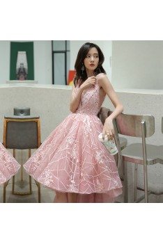 Super Cute Pink High Low Lace Prom Dress With Sequined Vneck - AM79157