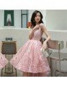 Super Cute Pink High Low Lace Prom Dress With Sequined Vneck - AM79157