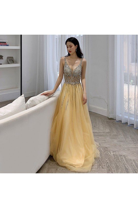 Deep Vneck Sparkly Sequins Yellow Long Tulle Prom Dress Backless Openback - AM79127