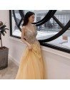 Deep Vneck Sparkly Sequins Yellow Long Tulle Prom Dress Backless Openback - AM79127