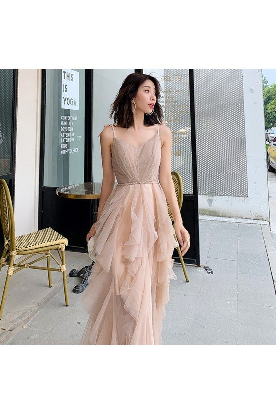 khaki party dress Khaki Tulle Ruffles Elegant Party Dress With Spaghetti Straps - $101.9808  #AM79119