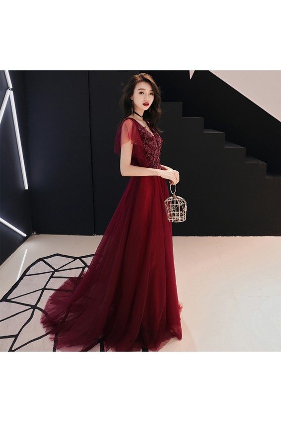 Burgundy Flowy Long Tulle Formal Dress Vneck With Tulle Sleeves 124