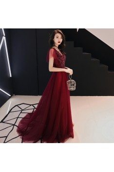 Burgundy Flowy Long Tulle Formal Dress Vneck With Tulle Sleeves - AM79155