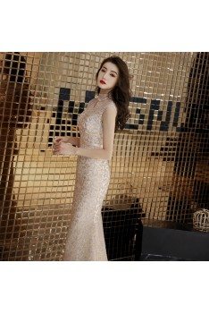 Light Champagne Sparkly Mermaid Special Occasion Dress With High Neck - AM79163