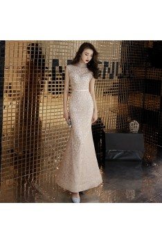 Light Champagne Sparkly Mermaid Special Occasion Dress With High Neck - AM79163