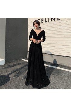 Simple Long Black Vneck Elegant Evening Dress With Sleeves - AM79071
