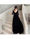 Simple Long Black Vneck Elegant Evening Dress With Sleeves - AM79071