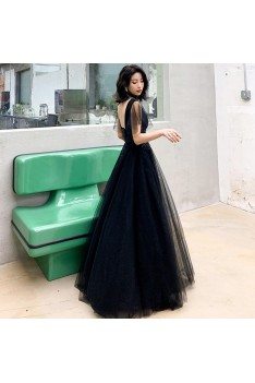 Black Beaded Lace Deep Vneck Formal Prom Dress With Tulle - AM79131