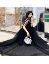 Black Beaded Lace Deep Vneck Formal Prom Dress With Tulle - AM79131