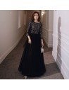 Bling Beaded Top Classy Long Black Evening Dress With Long Sleeves - AM79026