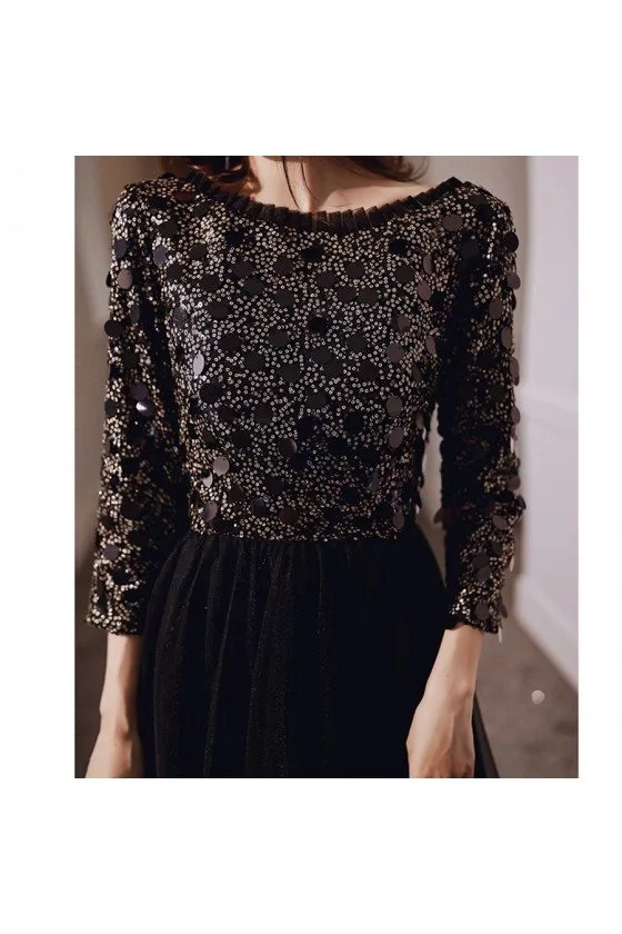 Bling Beaded Top Classy Long Black Evening Dress With Long Sleeves ...