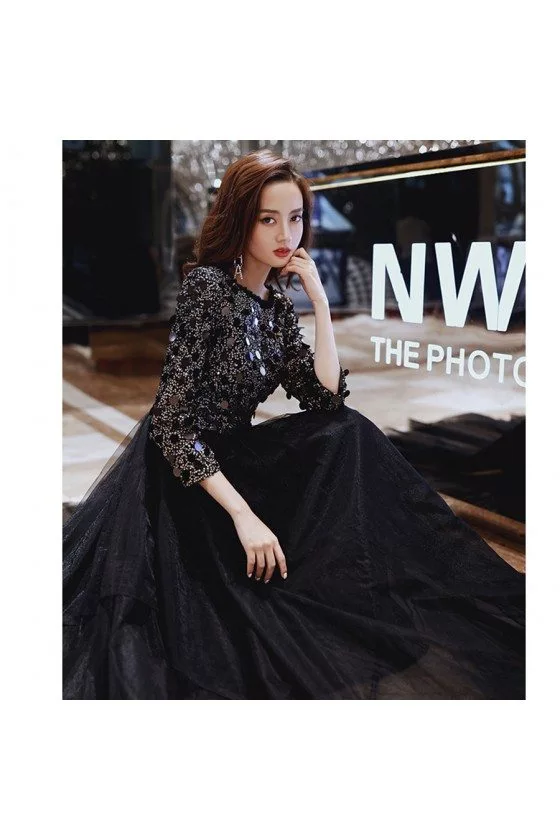 Bling Beaded Top Classy Long Black Evening Dress With Long Sleeves -  $118.98 #AM79026 - SheProm.com