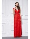Red V-neck Lace Long Dress - CK442