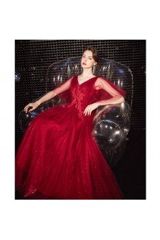 Lace Bling Tulle Burgundy Long Prom Dress With Tulle Sleeves - AM79081