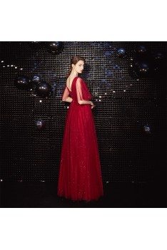 Lace Bling Tulle Burgundy Long Prom Dress With Tulle Sleeves - AM79081